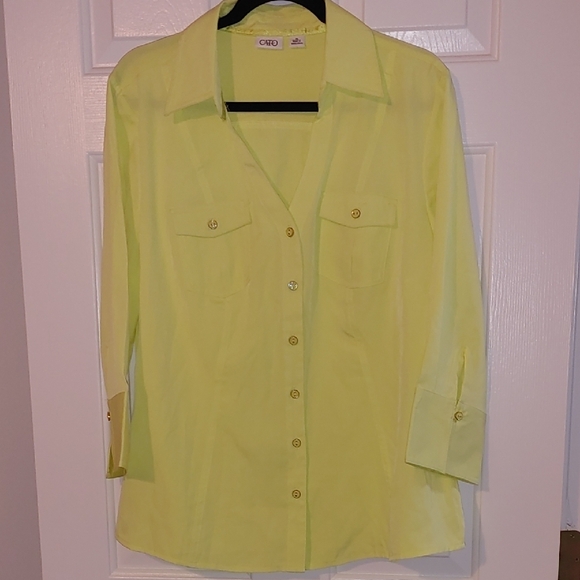 Vintage Sheer V-Neck Chiffon Button-Down Women's Blouse Size XL Bold Lemon-Lime - Picture 2 of 7